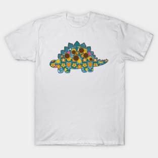 Vintage floral Stegosaurus Dinosaur on blue background T-Shirt